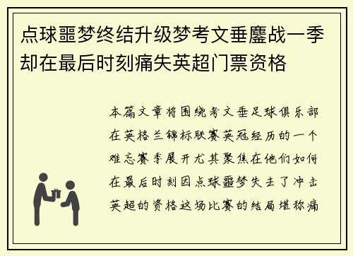 点球噩梦终结升级梦考文垂鏖战一季却在最后时刻痛失英超门票资格